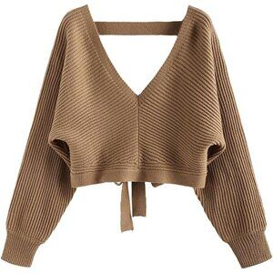 Women's Ribbed Knit Cropped Sweater V Neck Tie Back Drop Shoulder Casual